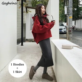 

Women Sets Red All-match Loose Pullover Hooded Solid Trendy Students Korean Style Casual Clothes Womens Two Piece Set Ladies New