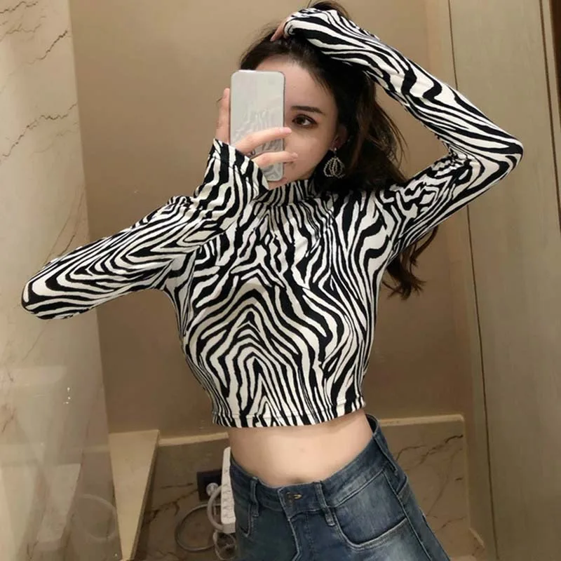 

2019 Zebra Leopard High Street Animal Print Shirts Women Turtleneck Long Sleeve Zebra Female Tops