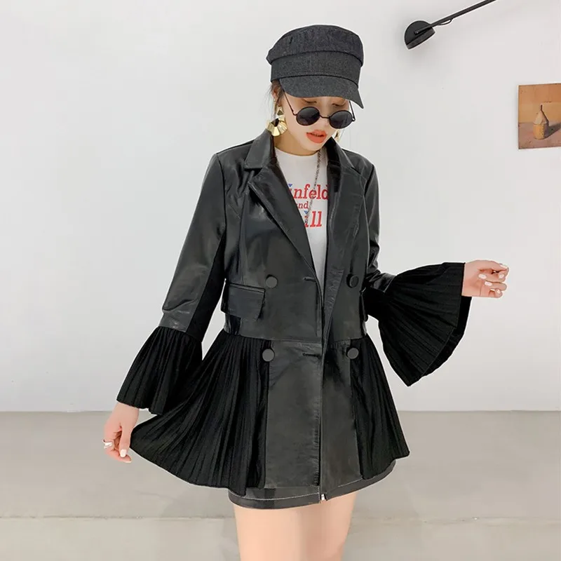 Elegant Double Breasted Pleated Ruffles Jacket Women Genuine Sheepskin Real Leather Long Blazer Coat Flare Sleeve Clothes Ladies - Цвет: black