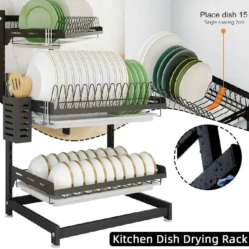 

2 Tiers Dish Drying Rack Storage Shelf Kitchen Washing Holder Basket Plated Knife Sink Dish Drainer Drying Rack Organizer Tray