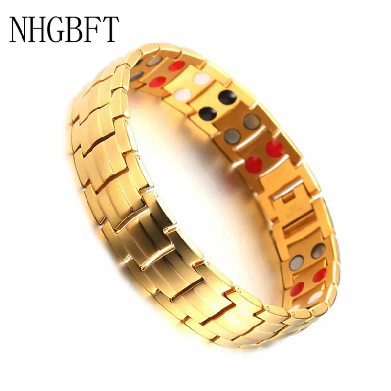 

NHGBFT Gold Color Healthy Bio Energy Bracelet For Mens Stainless Steel Magnet Bracelets Male Jewelry