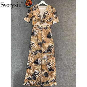 

Svoryxiu Fashion Designer Summer Two Piece Set Women's Short Sleeve Print Lace Up Bow Tops + Trousers Casual Pants Set 2020