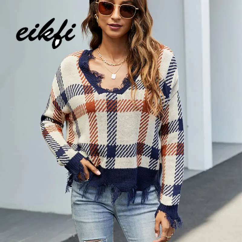 

EIKFI Women Plaid Tassel Pullover Sweaters 2021 Autumn Winter Office Ladies V Neck Long Sleeve Casual Tops Knitted Sweaters New