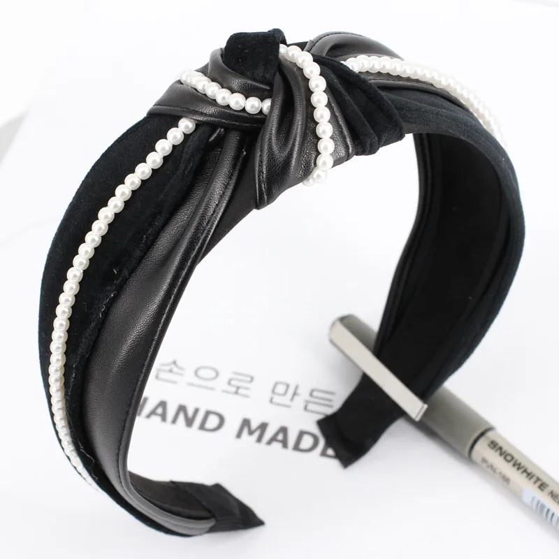 B544 black Винтаж из искусственной кожи женские обручи бархат обруч жемчужный повязка на голову обруч для волос аксессуары Головные уборы для девушек opaska сделать wlosow - Цвет: B544 black