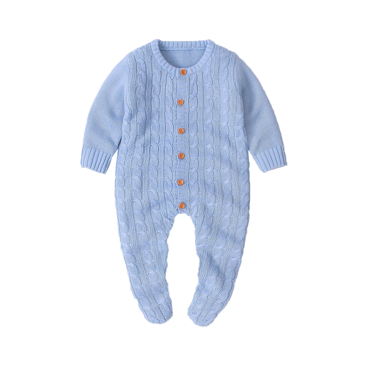 Детская одежда на весну-осень, вязаный джемпер для маленьких девочек и мальчиков, однотонный теплый комбинезон с длинными рукавами для новорожденных - Цвет: Light Blue