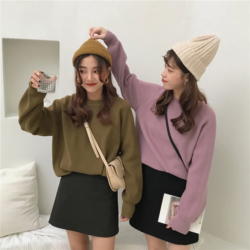 

Vintage Sweater Women Sweet Purple All-match Loose Black Long Sleeve Pull Femme Autumn Winter Solid Color Knitted Sweater Korean
