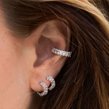 

SLJELY Fashion Real 925 Sterling Silver Square Zircon Ear Bone Cuff Elegant Clip Earring 1pc for Women Luxury Brand Jewelry
