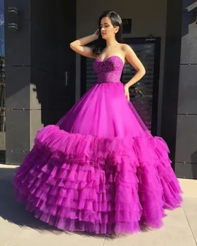 

2020 Fushcia Ball Gown Evening Dresses Long Sleeveless Corset Back Sweetheart Formal Party Gowns Robe De Soiree