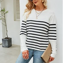 

Women's Striped Button Sweater Fashion Large Size Knitted Pullover Women's Casual Round Neck Long Sleeve Top Autumn and Winter