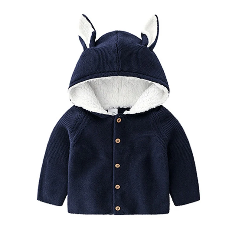 Navy Blue IYEAL/зимний свитер для мальчиков и девочек; хлопковая детская вязаная одежда с капюшоном и милыми ушками; однотонная детская одежда; куртка для малышей; Верхняя одежда; От 1 до 5 лет - Цвет: Navy Blue