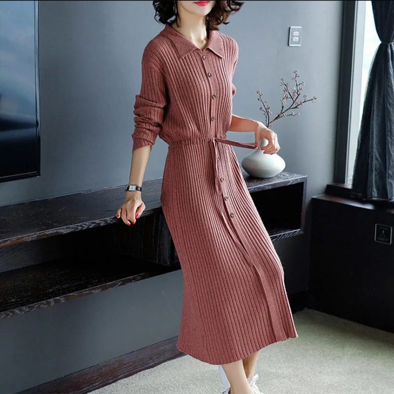 

Autumn Clothing Women's 2019 New Style Solid Color Korean-style Medium-length Dress Lace-up Slim Fit Slimming V-neck Jersey Dres