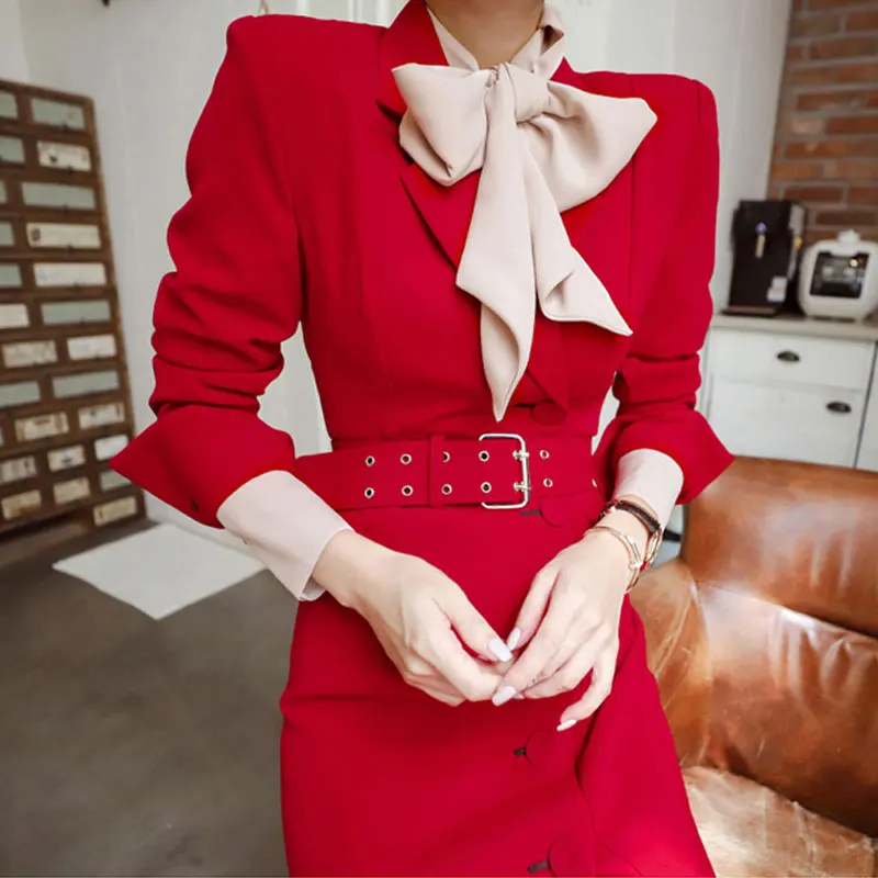 windbreaker coat new Korean version OL long-sleeved single-breasted Slim mid-length professional trench red Drop Shipping