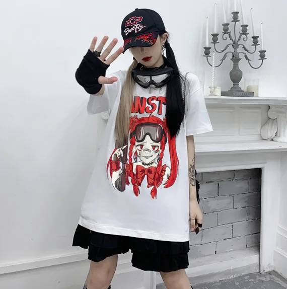 y2k mujer gothic kpo футболка Harajuku bunny Print Black Crop Women T-shirts Goth Streetwear Short Sleeve Top Tee Female Kawaii