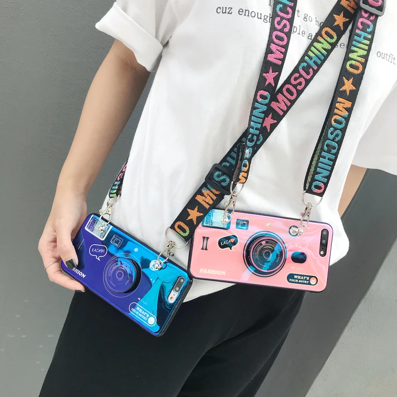

For xiaomi redmi note 7 6 pro 5a 5 4 4x go Fashion 3D Cute Retro Camera Phone Case Grip Stand Holder Silicon Cover with lanyard