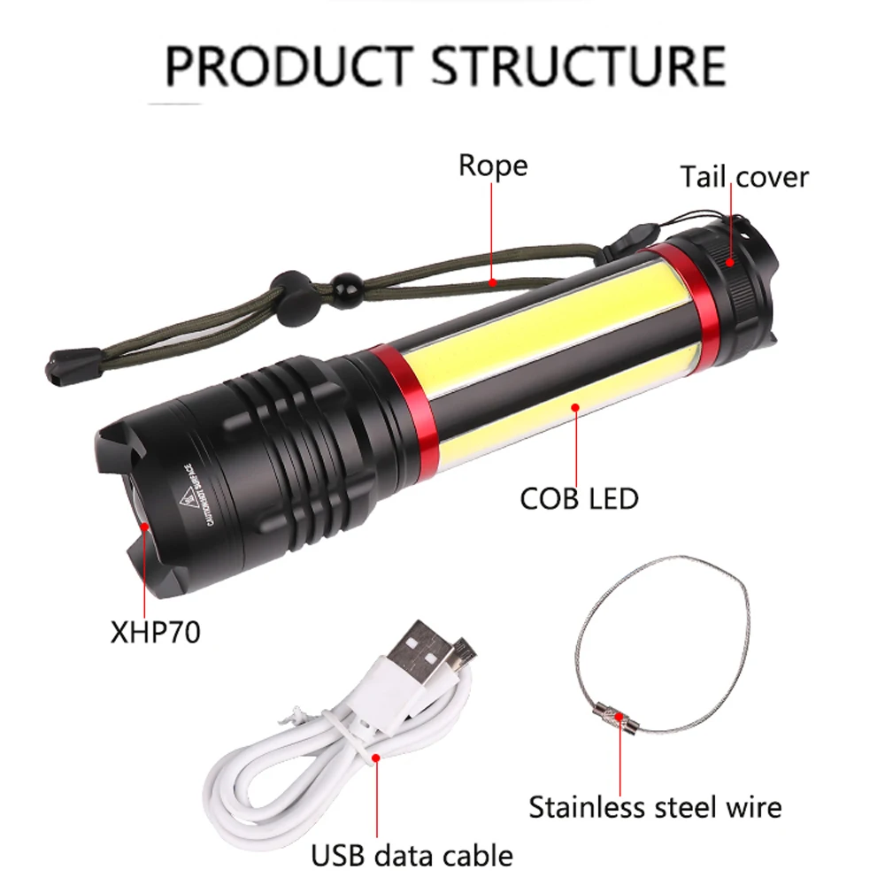 Newest portable Built-in 7200mAh XHP70.2+COB LED Flashlight 7 modes USB Rechargeable Zoom Waterproof Torch Lantern for Camping