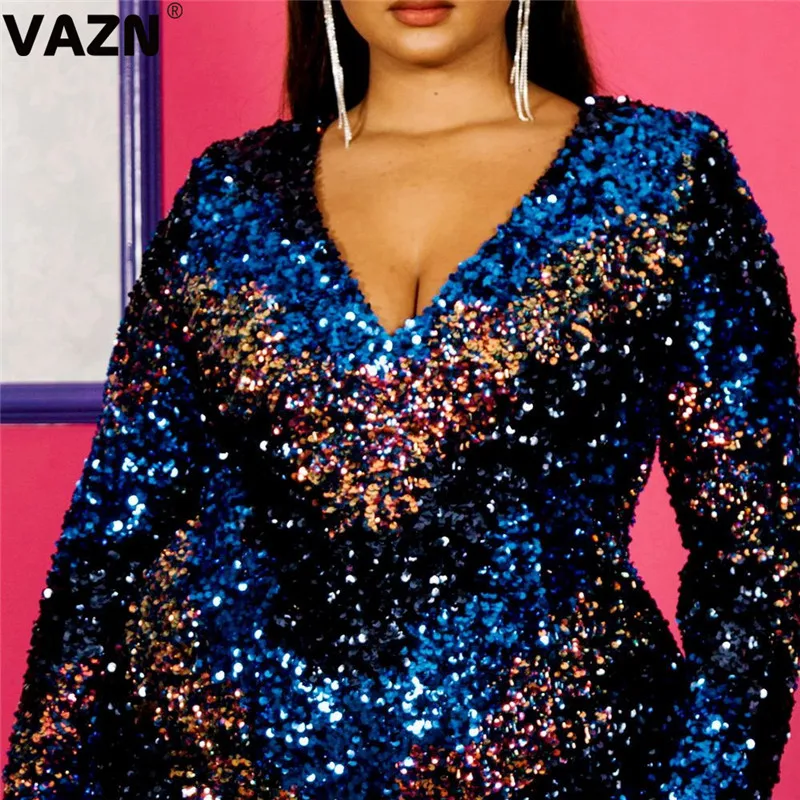 VAZN Maxi Gothic Style Print Sequin Dress Spring Casual New Sexy Women Skinny Mini Dress Lady High Street Straight Dress - Цвет: Синий