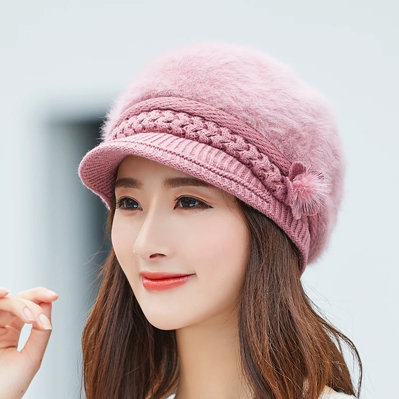 Rabbit Fur Knitted Hats Casual Solid 