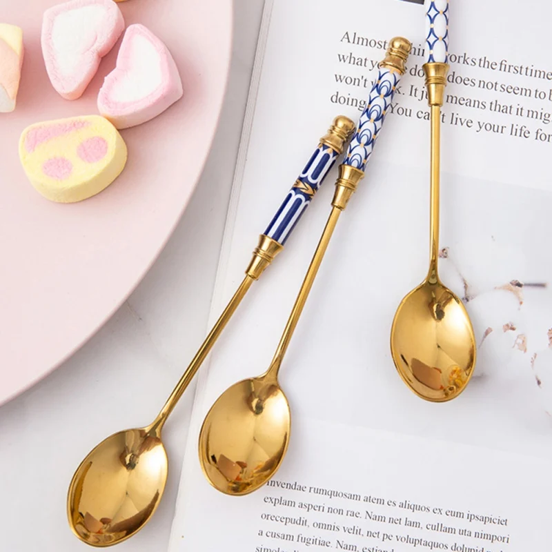 Stainless Steel Dessert Spoon Gold Coffee Milk Spoon With Ceramic Long Handle Ice Cream Fruit Cake Honey Stirring Spoons stainless steel spoon tea spoon