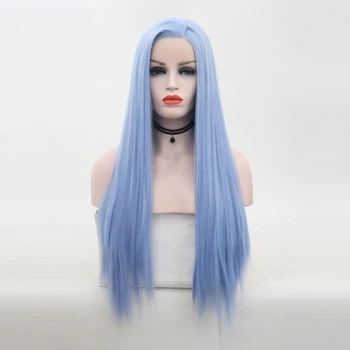 

RONGDUOYI Light Blue Natural Straight Synthetic Lace Front Wigs for Women with Side Part Half Hand Tied Long Blue Cosplay Wigs