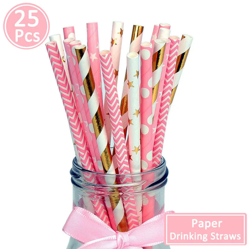25pcs paper straws Первый день рождения Девушка Вечерние розовый воздушный шар для колонны 1-й декорации с днем рождения Дети Один Год 2-й 3 4 плакат "с днем рождения" Декор - Цвет: 25pcs paper straws