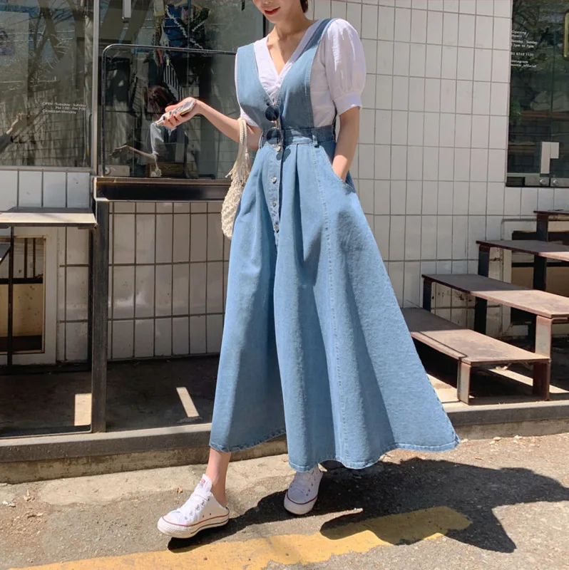 Женское джинсовое платье без рукавов [EWQ] на бретелях с завышенной талией выше