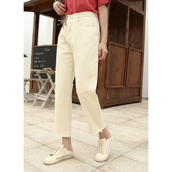 

Fashion Ladies High Waist Loose Thin Straight Spring Casual Women Cropped Jeans Pants Beige Denim Jeans for Girls Plus Size Xxl
