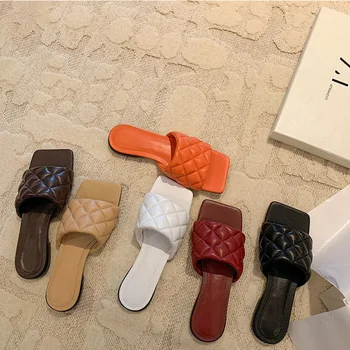 

2020 Women Slippers New Woman Comfortbale Slides Woman Weave Leather Square Toe Flat Ladies Casual Summer Outdoor Beach Footwear