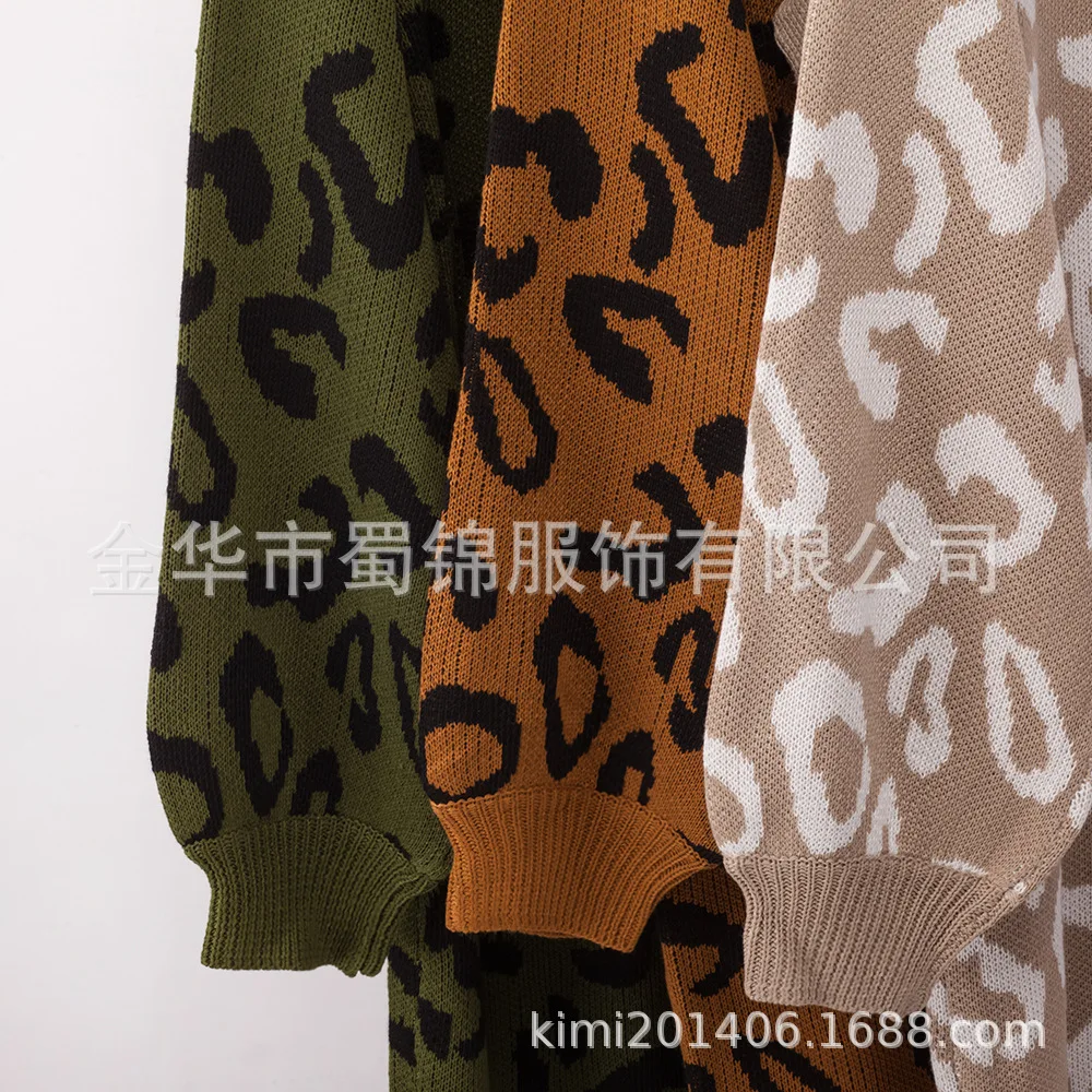 Европейский стиль, Леопардовый женский длинный свитер, длинный рукав, вязаный пуловер, водолазка, Осень-зима, женский свитер