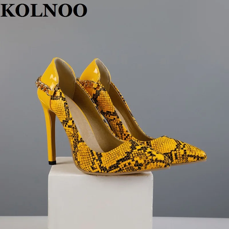 

KOLNOO 2022 New Handmade Ladies Stiletto High Heel Pumps Faux-Snake Leather Pointed-Toe Three Color Evening Party Fashion Shoes