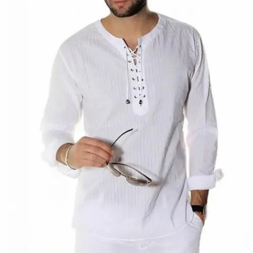 Белый Casual Men Solid Color Lace Up Ribbed Long Sleeve Tunic Shirt Linen Blouse Top - Цвет: Белый