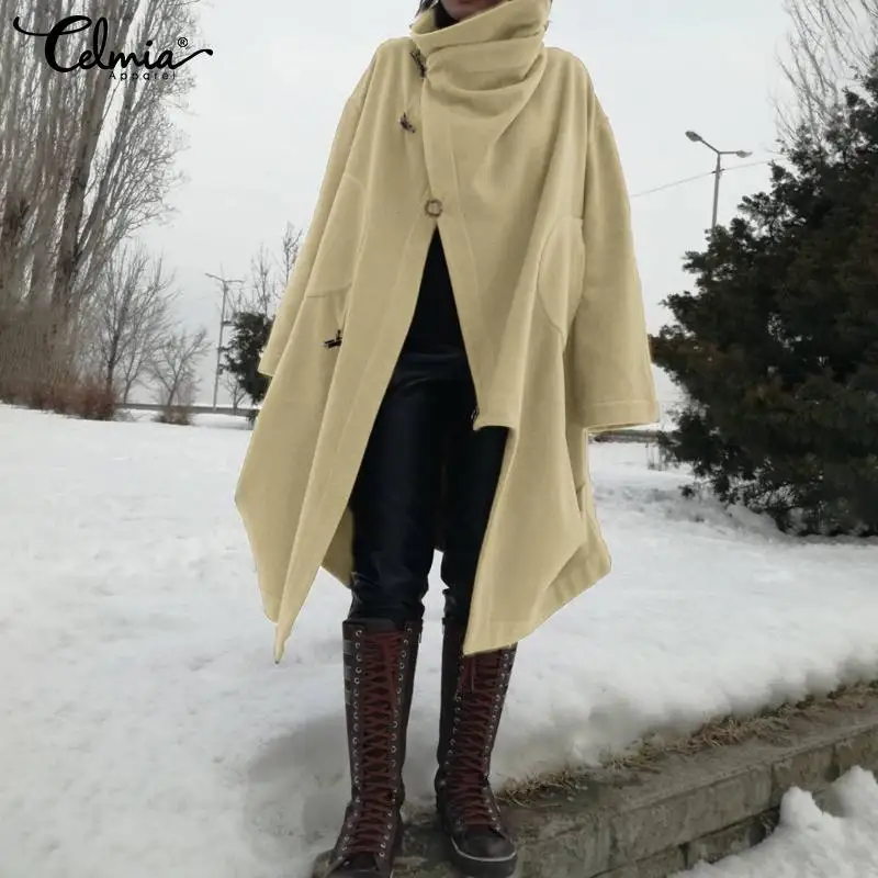 

Celmia Women Asymmetrical Coats Oversized Long Jackets Female Outwear 2020 Winter Warm Poncho Solid Autumn Ladies Vintage Jumper