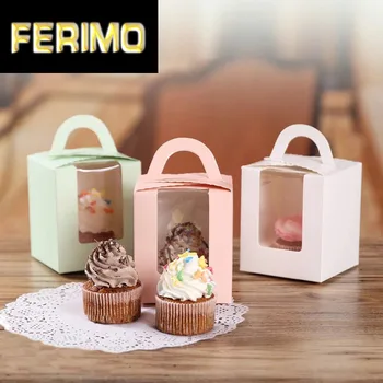 

5/10Pcs Clear Window Single Cupcake Boxes 11colors Muffin Pastry Cake box with Handle food-grade white paper free shipping