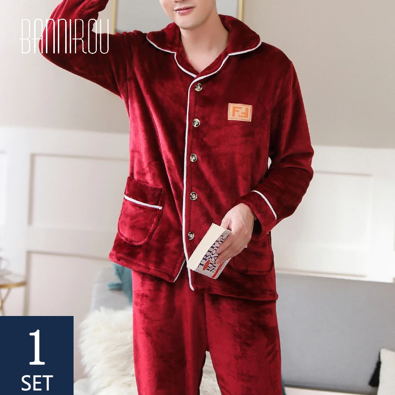 

BANNIROU Pajamas For Man Set Sleepwear 100% Velvet Warm Pyjamas Winter Suits Sleepwear Men Home Clothes 2020