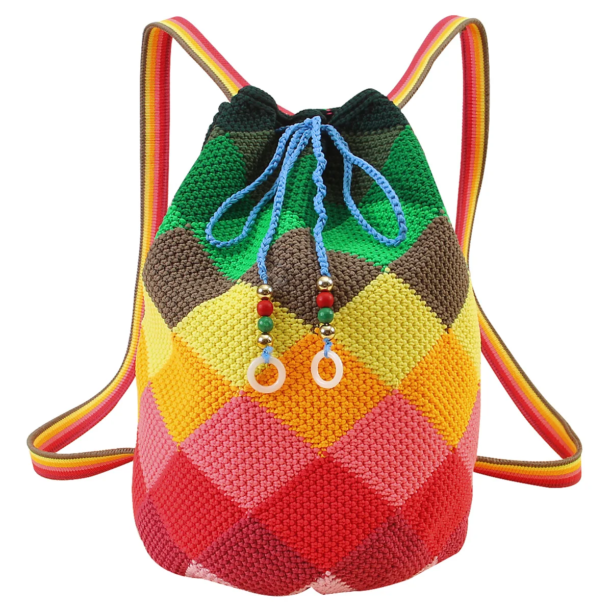 

2020 New Women girls Manual Knit Backpack Rainbow Color check knit Drawstring Bucket Backpack birthday gift