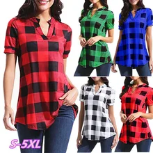 Fashion Womens Plaid Printing V-neck Short-Sleeved Loose Shirt Style T-shirt