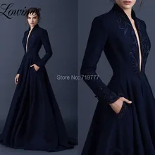 Темно-синие платья для выпускного вечера с глубоким v-образным вырезом, а-силуэт, ручная работа, вышитые бисером длинные рукава, вечерние платья, исламский Дубай, саудовская Арабская, вечерние платья