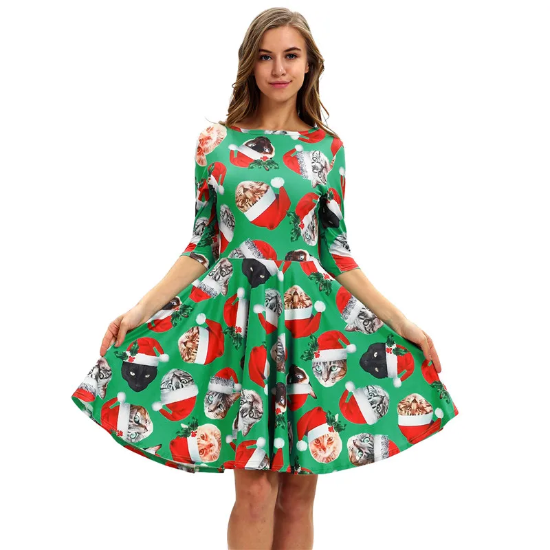 Лидер продаж, повседневное рождественское 3D Платье с принтом Санта-елки, женское платье с рукавом до локтя миди, элегантное вечернее платье, халат, Femme, осеннее платье