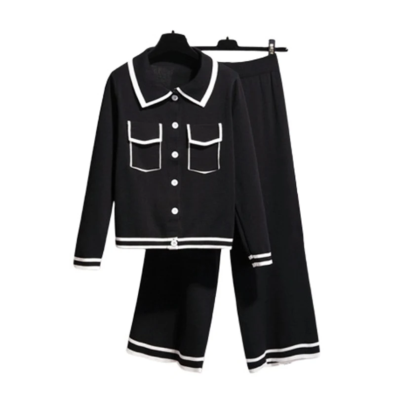 

PERHAPS U women v neck knitted single breasted cardigan black beige full length wide leg pants two piece set elastic T0238