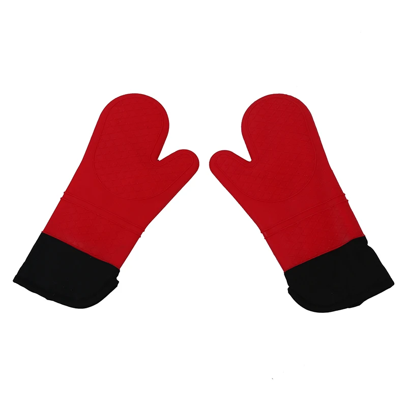 ELEG-2pcs Red Silicone Kitchen Oven Mitt Glove Potholder with Extra Long Canvas Sleeve Stitching for Grilling and BBQ /barbecue