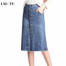 LXMST, Джинсовая юбка большого размера, женская, плюс размер, высокая талия, однобортная, пуговица, синие джинсовые юбки, длина до колена, Женская прямая юбка