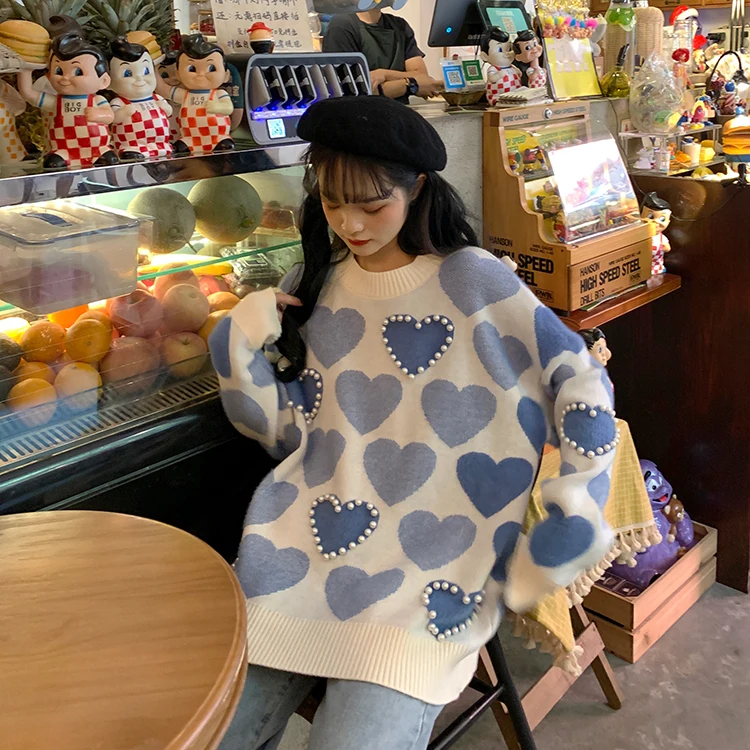 Женские свитера, японский Kawaii Ulzzang, Милый Винтажный свитер с жемчугом, Женская Корейская одежда Harajuku для женщин