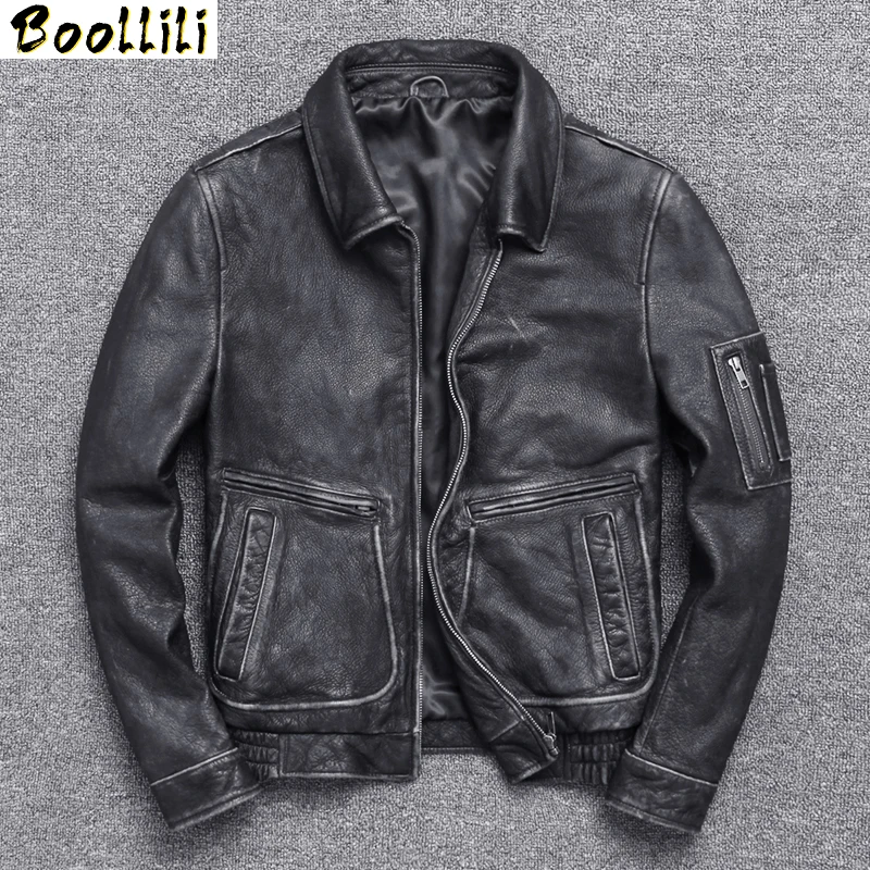 

Boollili 100% Cow Leather Jacket for Men style of Moto & Biker Vintage Slim 2020 Spring New Fashion Turn-down Collar