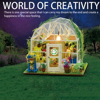 

Wooden Dollhouse DIY Miniature Furniture Kit Mini Green House with LED Light Home Decorations For Girls Christmas Birthday Gift