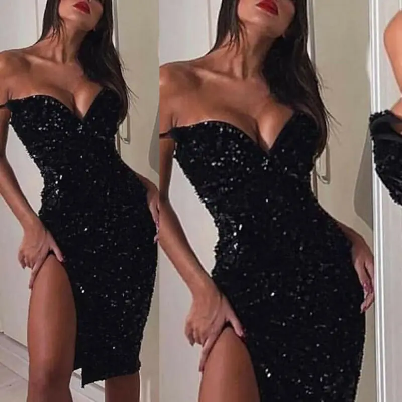 

Women Sexy Sequined Dress With Suspenders Bandage Bodycon Sleeveless Evening Party Cocktail Club Short Mini Dress