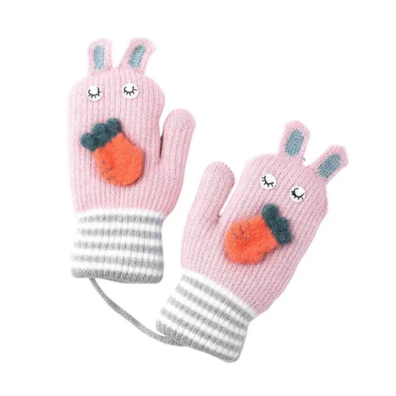 1 Pair Winter Kids Gloves Baby Knit Thicken Warm Hand Muff Children Full Finger Cute Ears Glove Cute Cartoon Thicken Warm Gloves - Цвет: Light Pink