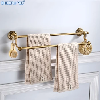 

Bathroom Double Layers Bath Shower Towel Holder Wall Mount Vintage Towel Hanger Brushed Gold Brass Rack Towel Stand Support Rail