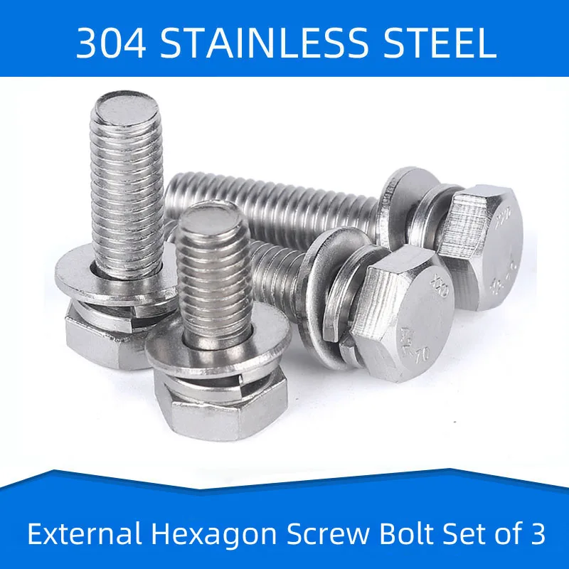 

304 Stainless Steel External Hex Screw Bolt with Washers Set of 3 Cuntersink Hexagon Fastener M4 M5 M6 M8 M10