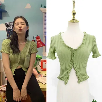

Jenny Ginny's same summer single breasted Avocado Green knitted cardigan Short Sleeve Top + Black Slim pants