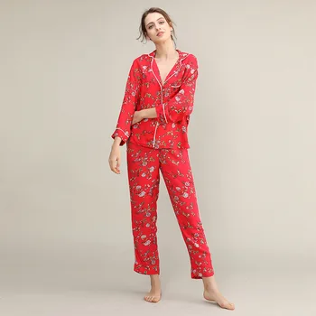 

Summer Rayon Printed Pajamas Loose Suit Thin Long-sleeved Nine-point Pants Home Service Two-piece Sleepwear Women Cotton Pajamas