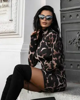 

Sexy Women Choker Deep Long Sleeve Leopard Print Bodycon Party Club Dress